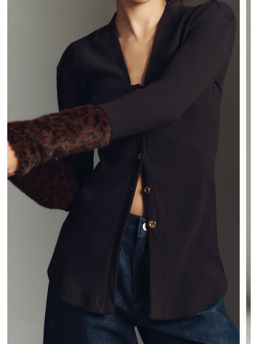 Maeve Faux Fur Cuff Button-front Knit Top